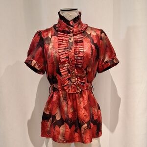 New York & Company Satiny  Red and Black Leaf Print Blouse Size M